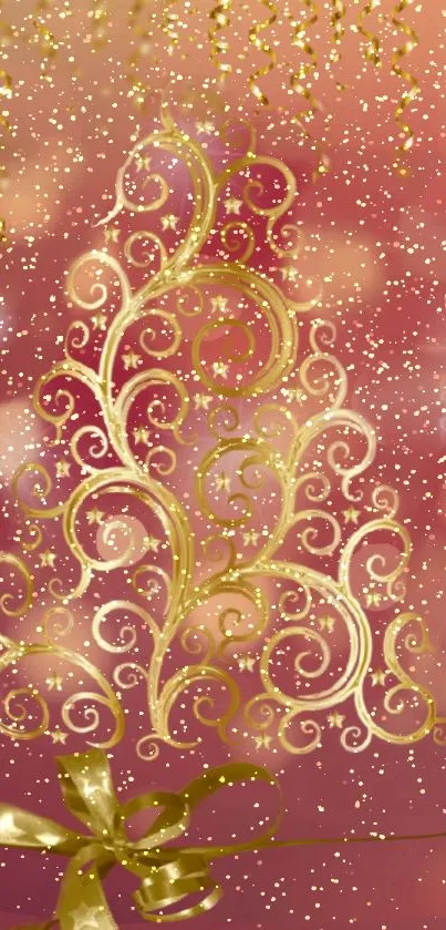 Elegant golden Christmas tree wallpaper with festive swirls and ribbons.