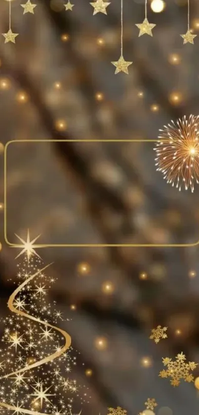 Golden festive wallpaper with stars and fireworks.