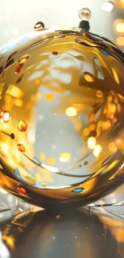 Golden ornament reflecting festive lights on a polished surface.
