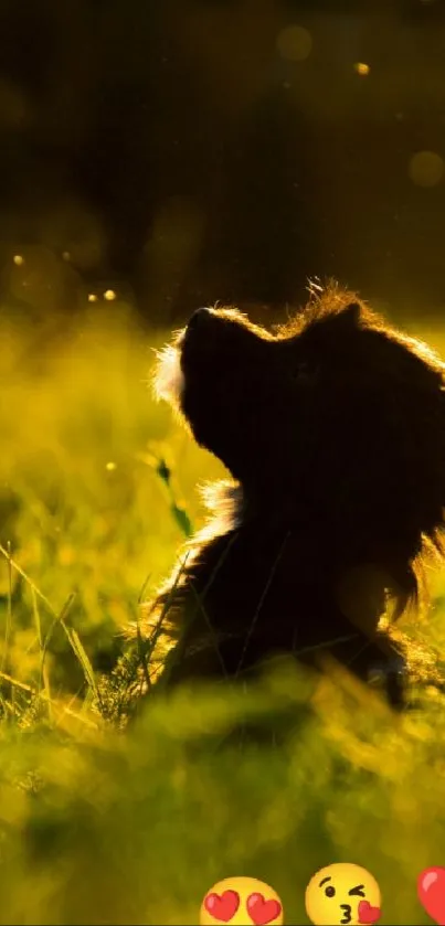 Silhouette of a puppy in golden field at sunset with emojis of love.