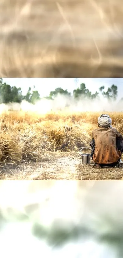 Serene golden field with lone figure, mobile wallpaper.