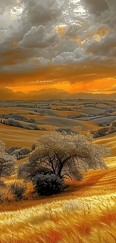 Golden fields under a dramatic sunset sky.