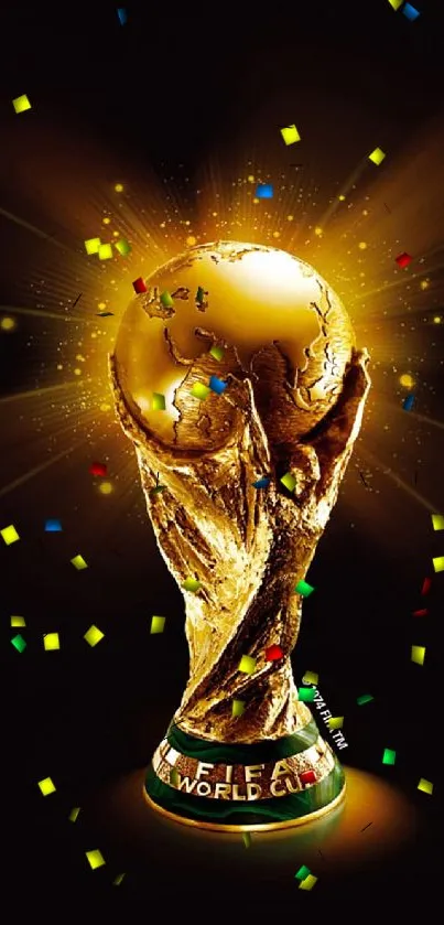 Golden FIFA World Cup trophy on black background.