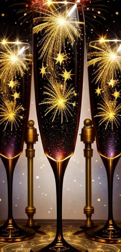Golden fireworks illuminate champagne glasses with a festive and elegant vibe.
