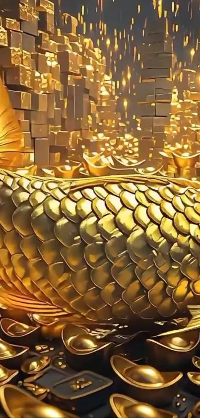 Golden fish and coins create a opulent fantasy design.