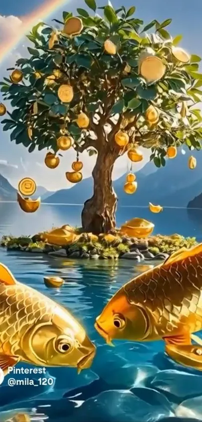 Golden fish swim around a coin-laden tree in a serene fantasy setting.