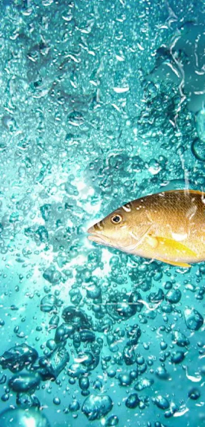 Golden fish swimming through aqua bubbles with dynamic water effect.