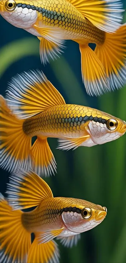 Three golden fish swimming gracefully underwater.