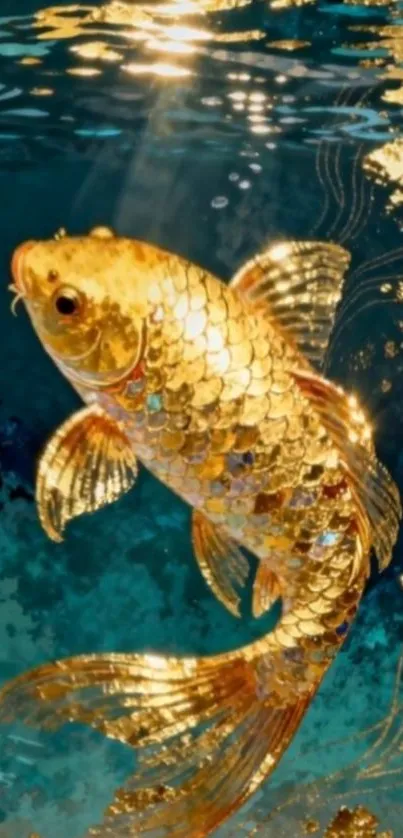 Golden koi fish swimming underwater, shimmering gracefully.