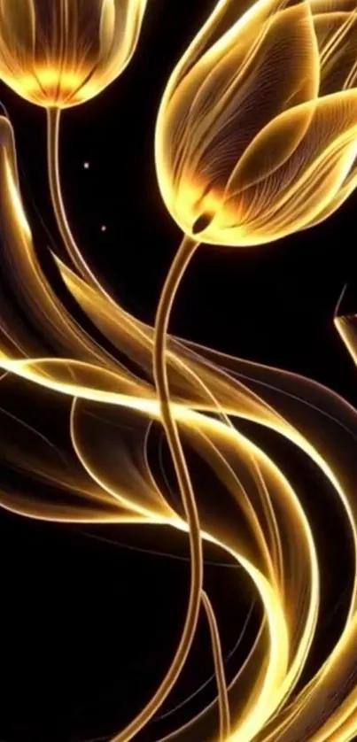 Golden luminous tulips on a dark background with abstract floral design.