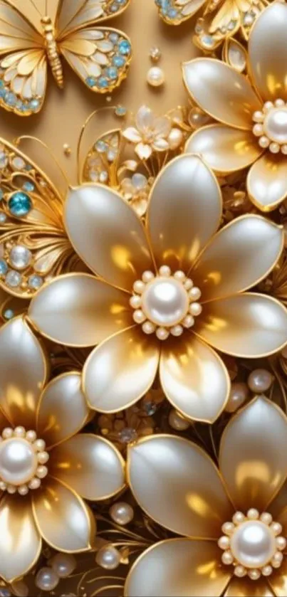 Gold floral wallpaper with intricate pearl details and butterfly accents.