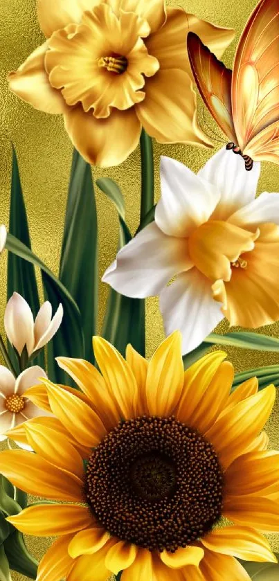 Golden floral wallpaper with sunflowers and butterfly