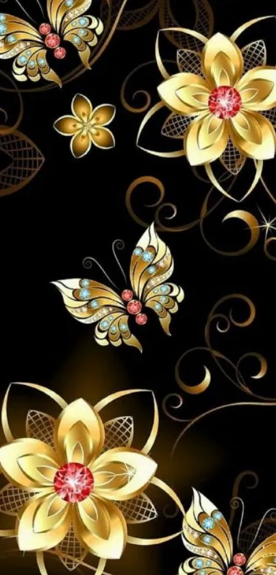 Golden floral and butterfly design on black background.