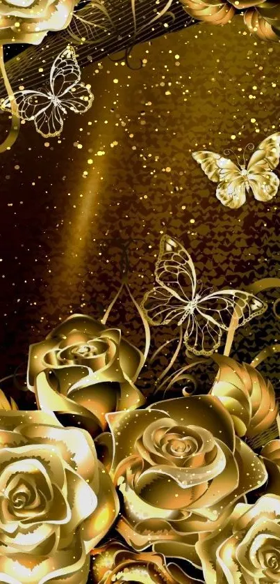 Elegant gold roses and butterflies wallpaper design.