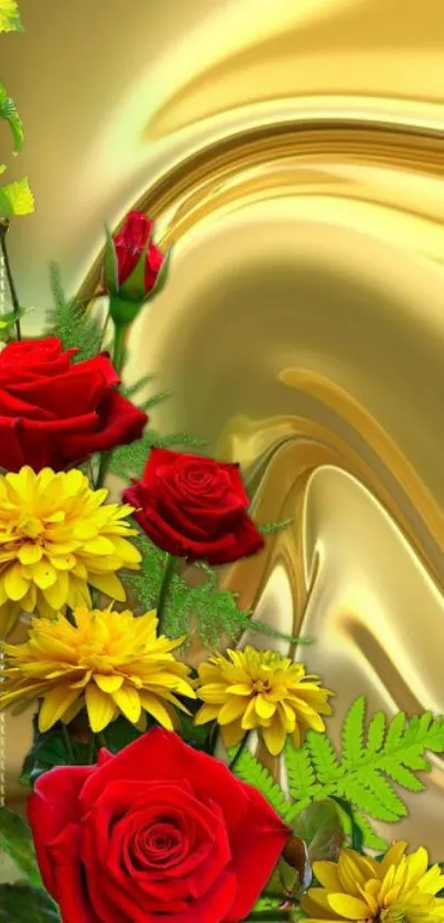 Vibrant red and yellow flowers on a golden background wallpaper.