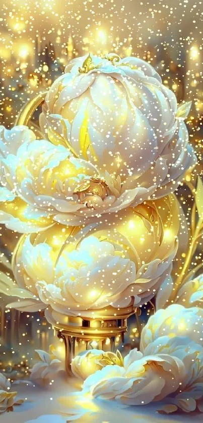 Golden floral fantasy wallpaper with luminous peonies and magical lighting.