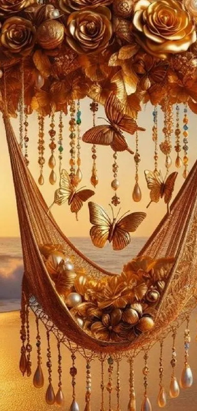 Golden floral hammock with butterflies on beach at sunset.