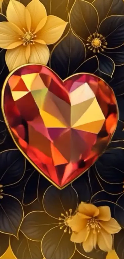 Heart-shaped gemstone with golden floral background.