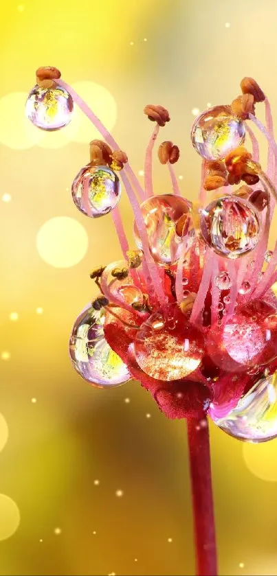 Golden floral macro wallpaper with water droplets.