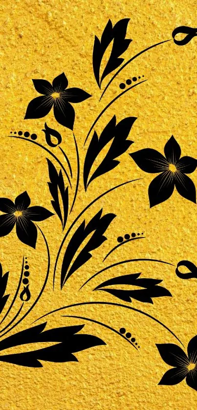 Black floral design on a vibrant golden background.