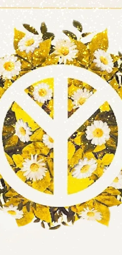 Golden peace symbol with floral pattern on wallpaper.