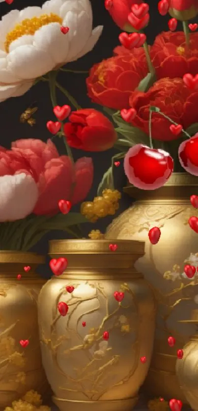 Golden vases with red and white flowers, bees, and cherries design.