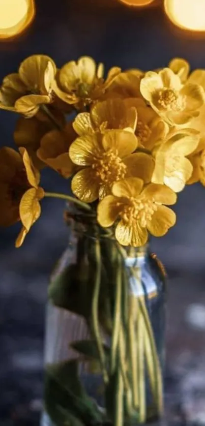 Golden flowers in a vase with bokeh lights.