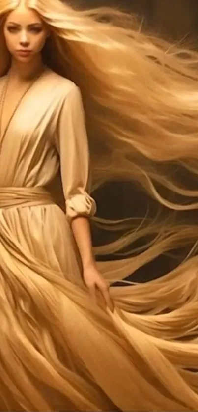 Ethereal artwork of a woman with long, flowing golden hair.