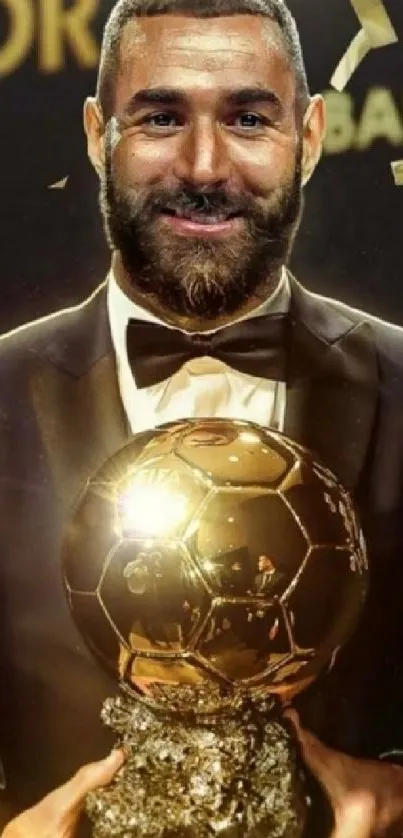 Ballon d'Or winner holding the golden trophy.