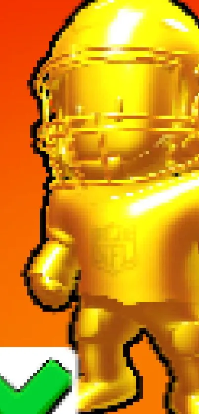 Golden football figure on vibrant orange background with a checkmark.