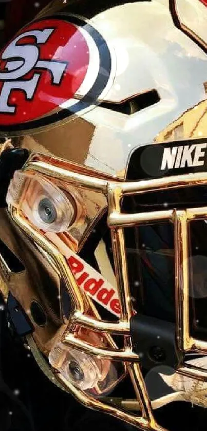 Golden football helmet with reflective design.