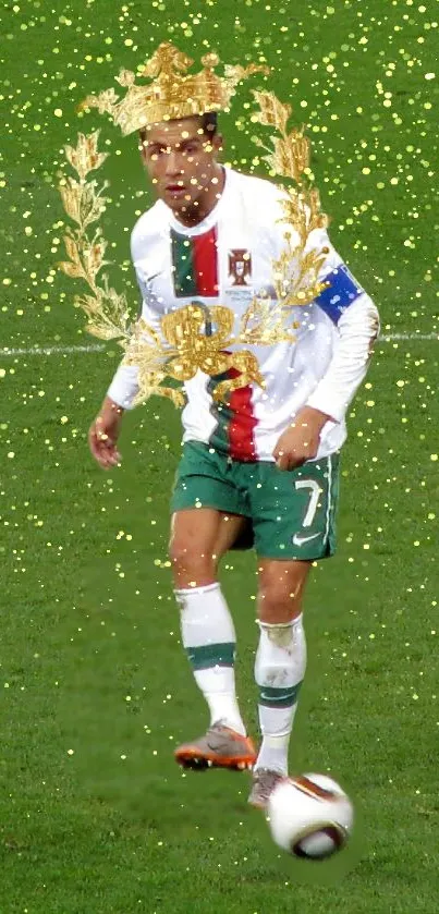 Golden soccer player with crown and green field backdrop.