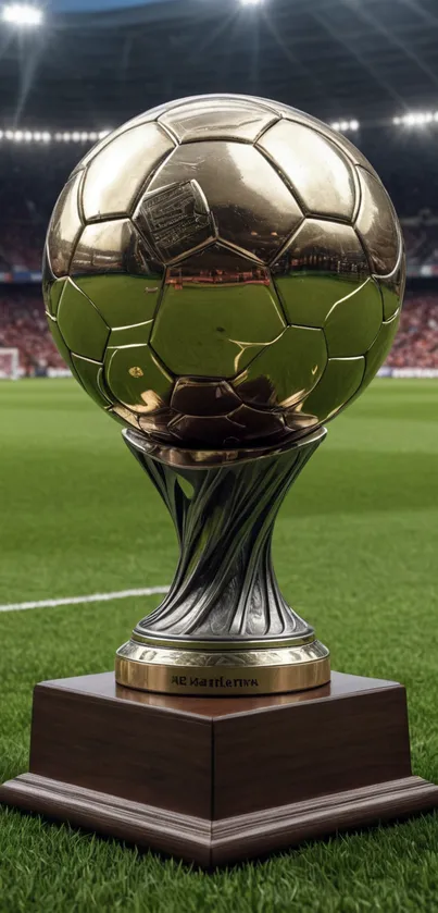 Golden football trophy on a lush green field in a stadium.