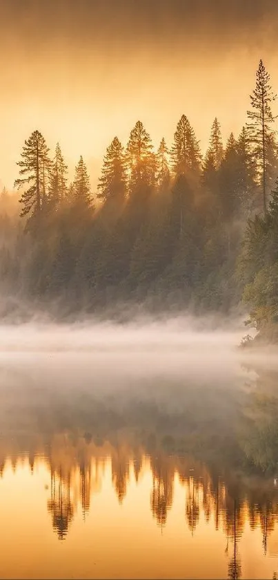 Golden forest reflecting over a misty lake with serene atmosphere.