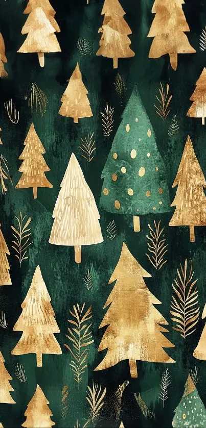 Golden Christmas trees on dark green forest background.