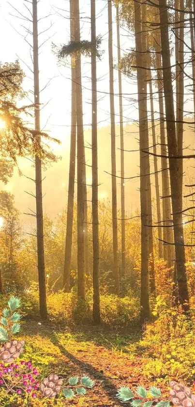 Golden sunlight filtering through a tranquil forest with tall trees and foliage.