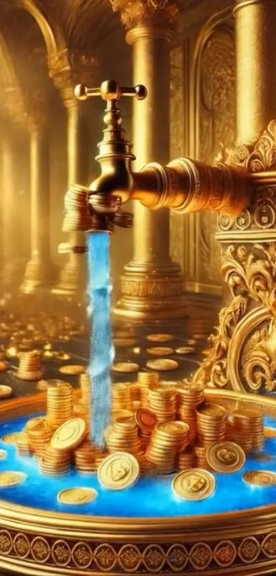 Golden faucet with coins and blue water.