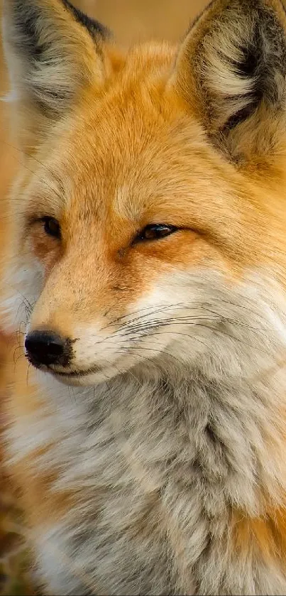 Golden fox sitting in a field during autumn, surrounded by brown and golden grass.