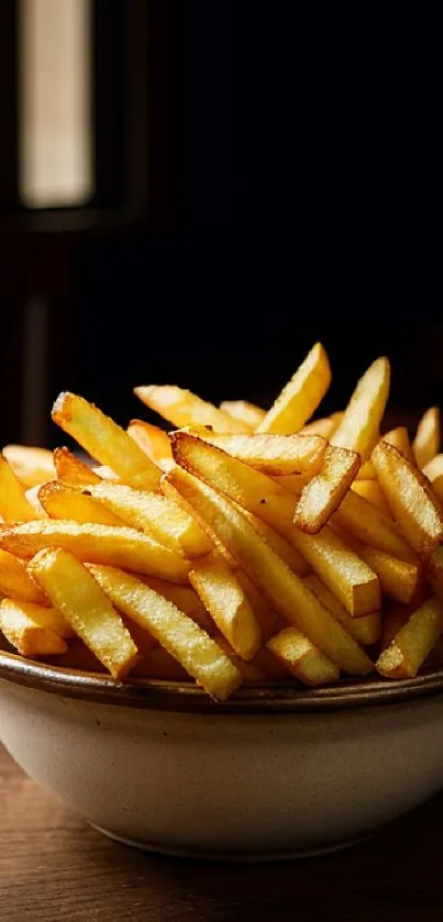 A bowl filled with golden, crispy French fries on a wooden table.