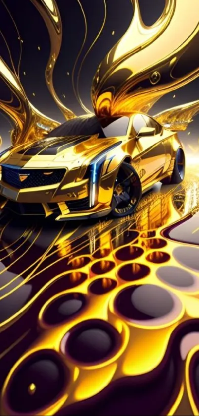 Futuristic golden car with fluid shapes in abstract art. Mobile wallpaper.