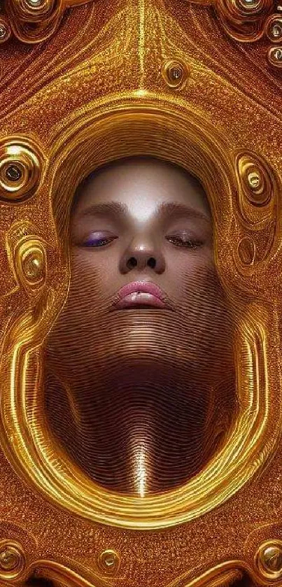 Intricate golden futuristic face design with bronze textures.