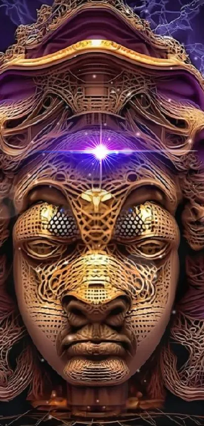 Golden futuristic face with purple accents.