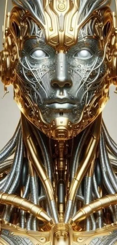 Golden cybernetic android art on mobile wallpaper.