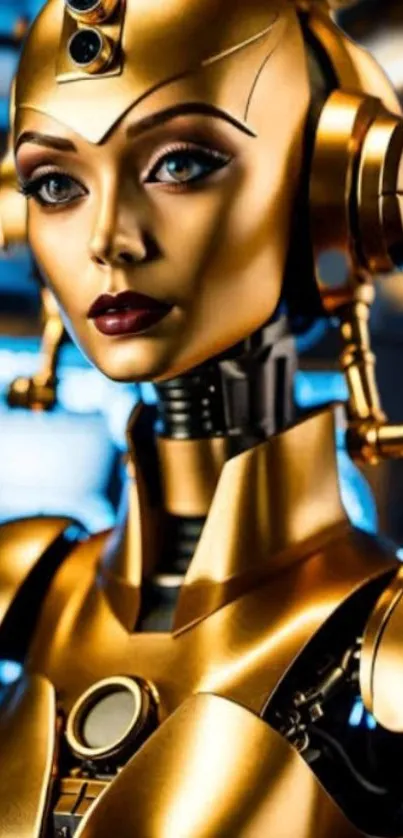 Golden futuristic robot portrait with striking features and technology elements.