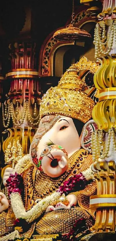 Golden Ganesh adorned with jewelry and ornate decorations.