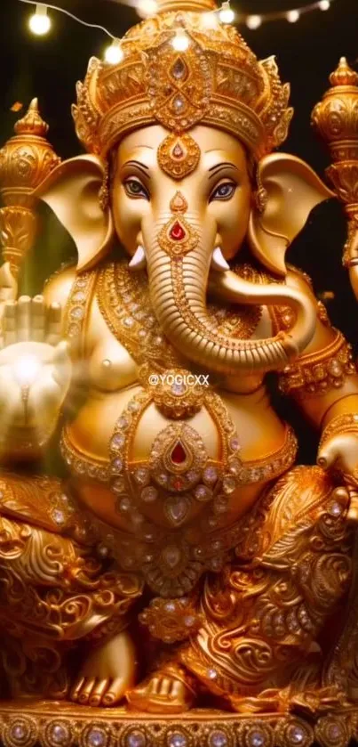 Golden Ganesha statue with intricate details and vibrant colors as mobile wallpaper.