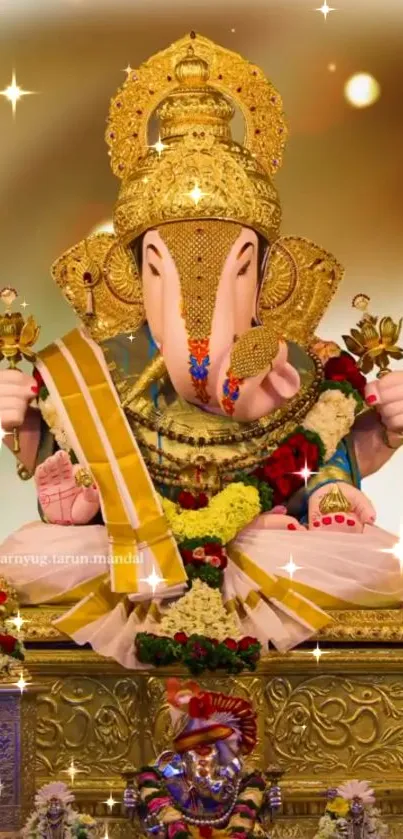 Golden Ganesha idol with vibrant decor and sparkling lights.