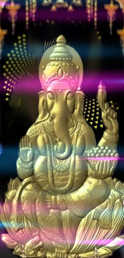 Golden Ganesha statue with vibrant colors and mystical background.