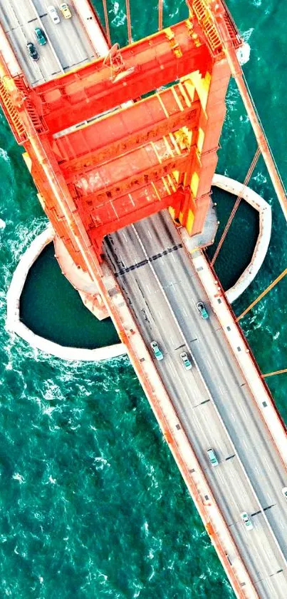 Aerial view of Golden Gate Bridge over blue ocean.