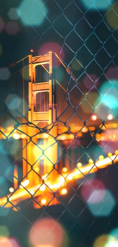 Golden Gate Bridge at night framed by a wire fence, glowing in orange hues.